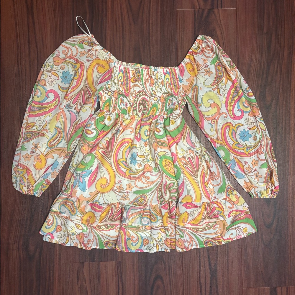 Flying Tomato Large Smocked Dress White Multicolored 70s Floral Long Sleeves